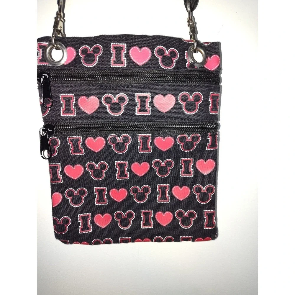 Disney Mickey Mouse Crossbody Passport Bag Triple‎ Zip Black Pink Heart Travel